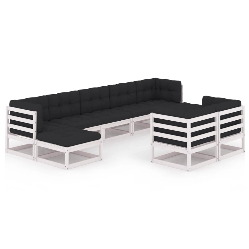 9-tlg. Garten-Lounge-Set mit Kissen Weiss Kiefer Massivholz